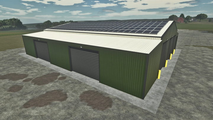 fs25-mods,  Large green garage building with solar panels on the roof, part of FS25 mods in Farming Simulator 25.