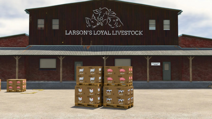 fs25-mods, Farming Simulator 25 mod image of Larson's Loyal Livestock butcher shop with pallets of meat, pigs, chickens, and cows in front.