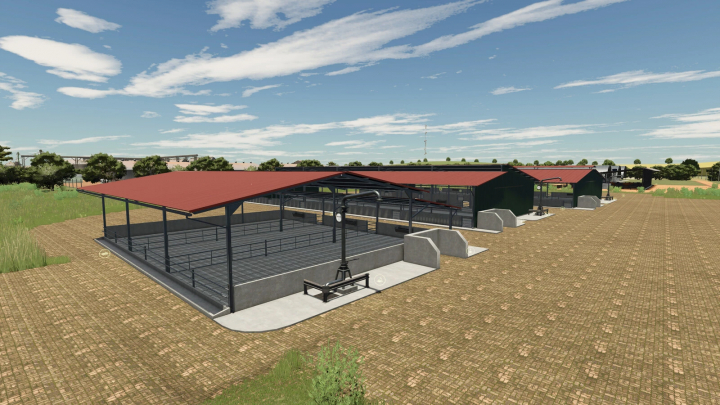 fs25-mods, Farming Simulator 25 mod showcasing cattle pens for beef cattle with open shelters and concrete flooring for FS25 mods.