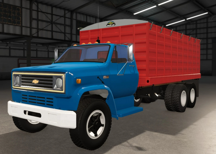 fs25-mods,  Farming Simulator 25 mod: Chevy C80 truck with a red cargo trailer, part of FS25 mods.