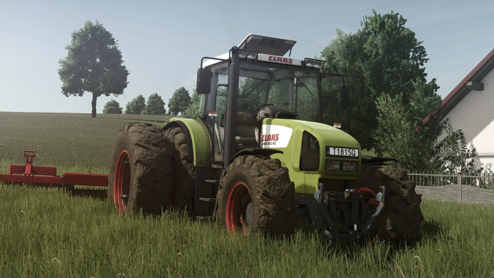 fs25-mods, Farming Simulator 25 mod: Claas Ares 600 tractor with mud-covered tires on a grassy field.