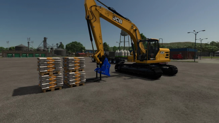 fs25-mods, JCB excavator with Conquip excavator forks from FS25 mods, shown in Farming Simulator 25.