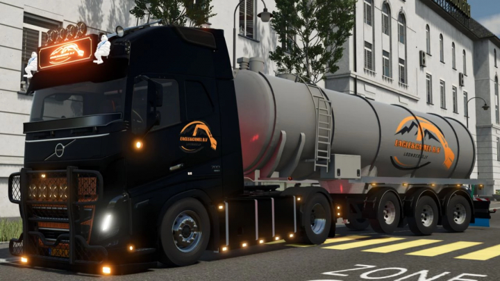 fs25-mods, Farming Simulator 25 mod: D-Tec mestoplegger v1.0.0.0 tank trailer parked on city street, with logo and urban background.