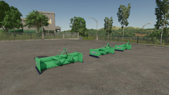 fs25-mods, Farming Simulator 25 mods showcasing the Desvoys Junior Pack v1.0.0.0, three green agricultural attachments on a cracked asphalt surface.