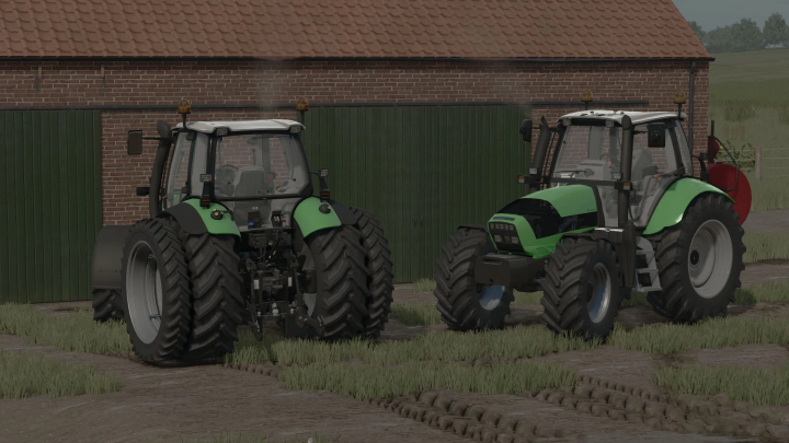 fs25-mods, Two green Deutz Fahr M Series tractors with large tires parked outdoors near a red brick building in Farming Simulator 25 mods.