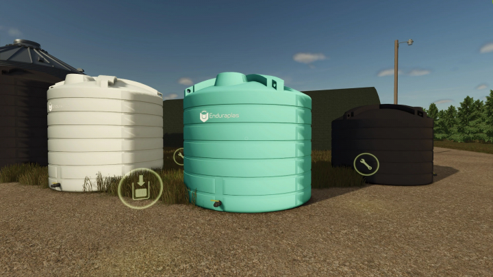 fs25-mods, Farming Simulator 25 mods featuring Enduraplas tanks, including white, turquoise, and black water tanks with control icons visible.