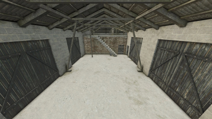fs25-mods, Farming Simulator 25 mod: Farm building with cow stalls and wooden doors, suitable for FS25 mods, depicting a rustic animal shelter.