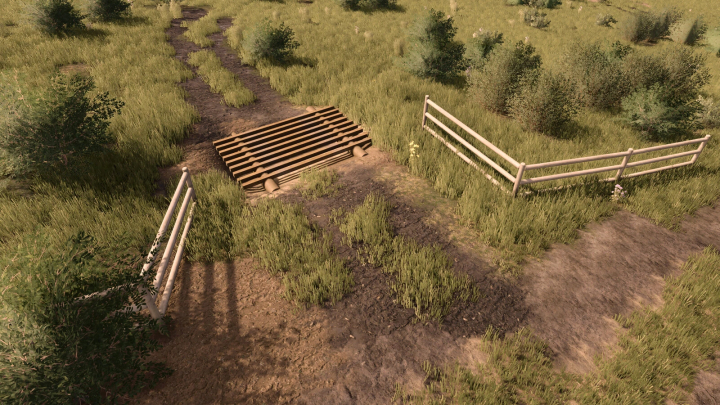 fs25-mods, Farming Simulator 25 mod showing a farm entrance with a wooden gate, a small bridge, and grassy paths in FS25.
