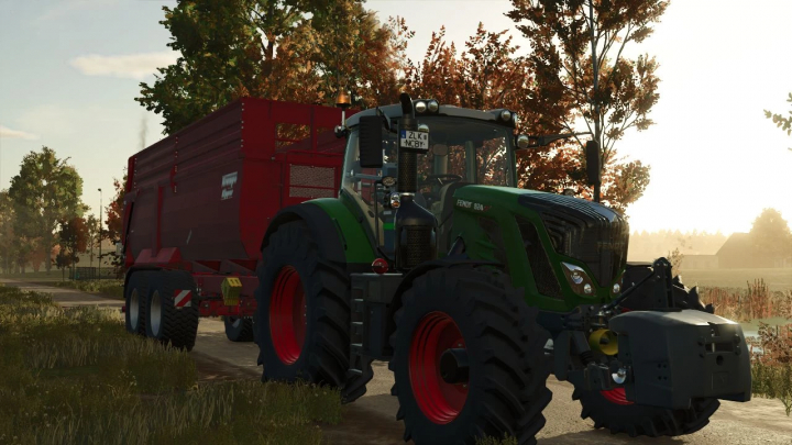 fs25-mods, Farming Simulator 25 mod: Fendt 800 Vario Edit v1.0.0.0 tractor with red trailer in a countryside setting.