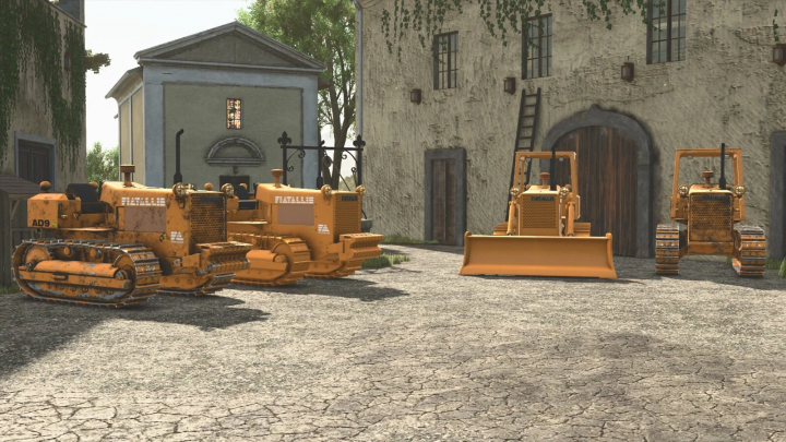 fs25-mods, Four Fiat-Allis Ad9 bulldozers in a rustic village setting from Farming Simulator 25 mods.