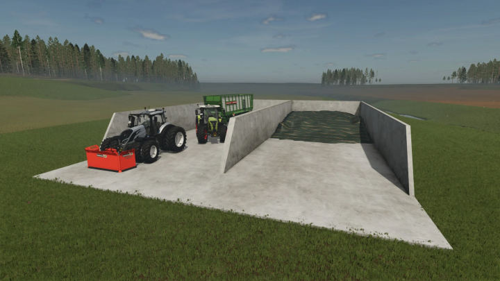 fs25-mods, Farming Simulator 25 mods, FS25 mods showing a concrete bunker silo with tractors and equipment for silage storage.