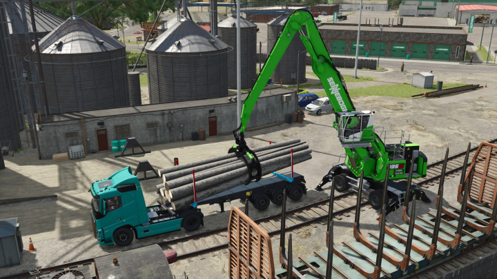 fs25-mods, Farming Simulator 25 mod: Green Sennebogen log forklift loading logs onto a trailer with a blue truck, at an industrial site.