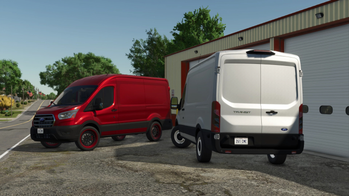fs25-mods, Farming Simulator 25 mod, Ford Transit MK8 v1.3.0.0, red and white vans parked outside a building in the game.