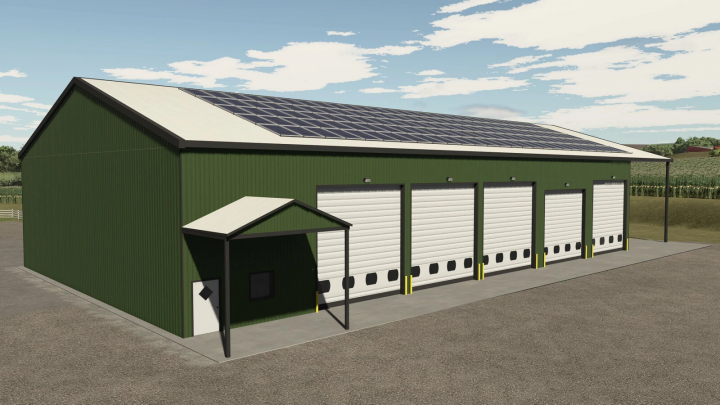 fs25-mods, Garage with solar panels mod for Farming Simulator 25, green metal building with multiple loading bays and solar roof.