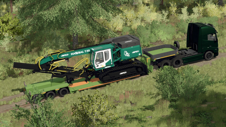 fs25-mods, FS25 mods: Heavy-duty green forestry crane with tracked base on flatbed trailer, ready for logging tasks in Farming Simulator 25.