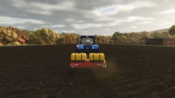 fs25-mods,  Farming Simulator 25 mod: tractor with Grimme GR300 cultivator working on a field, autumn scenery in the background.