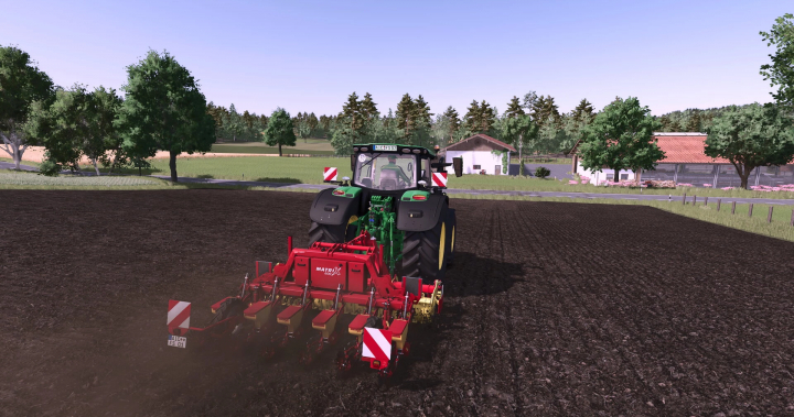 fs25-mods, Farming Simulator 25 mod: tractor with Grimme Matrix 600 seed drill working on a field, showcasing FS25 mods.