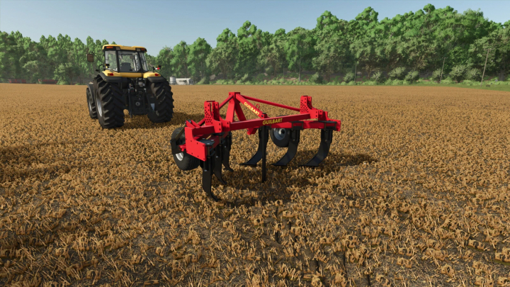 fs25-mods,  Farming Simulator 25 mod: Guilbart Delta 850 cultivator on a harvested field with trees in the background.