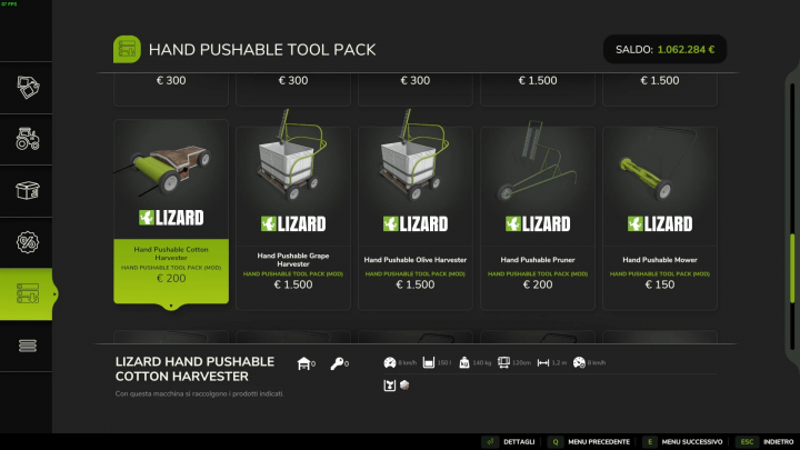 fs25-mods, Farming Simulator 25: Screenshot of the Hand Pushable Machines Pack v2.0.0.0 mod selection with various hand pushable tools like cotton, grape, olive harvesters, and more.