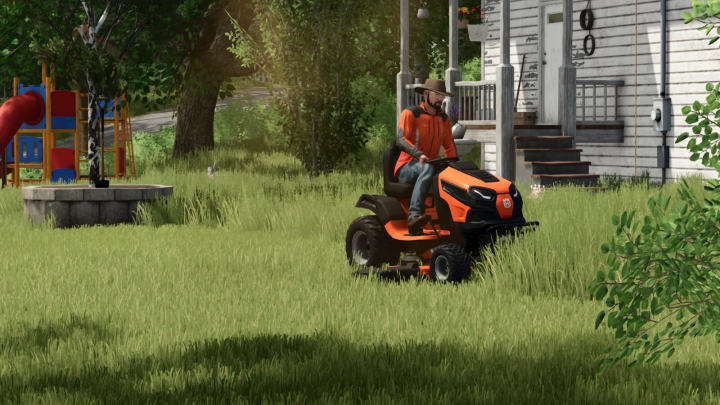 fs25-mods, Farming Simulator 25 mod: Husqvarna TS146XK riding lawn mower in a garden with grass and trees, with a house in the background.