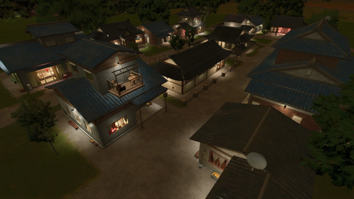 fs25-mods, Night view of a Japanese-style village with traditional houses and blue tiled roofs, illuminated with warm interior lights in Farming Simulator 25 mods.