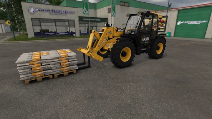 fs25-mods, Farming Simulator 25 mods: JCB Q-Fit Pallet Forks v1.0.0.0 attached to a JCB wheel loader with pallets of fertilizer in the background.