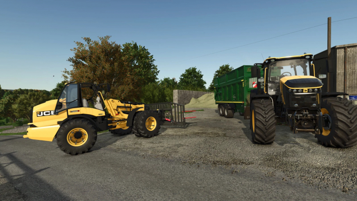 fs25-mods, Farming Simulator 25 mods: JCB TM 420S loader tractor and green manure spreader on a farmyard with trees and machinery.