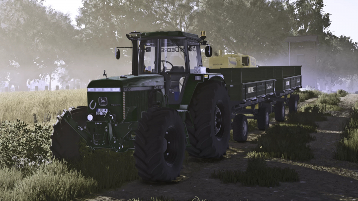 fs25-mods, Farming Simulator 25 mod: John Deere 4X55 Edited v1.0.0.1 tractor pulling a trailer through a farm field.