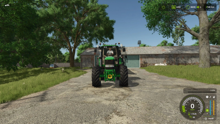fs25-mods, Farming Simulator 25 mod featuring a John Deere 6000 Premium Series tractor on a farmyard with green trees and a rustic shed.