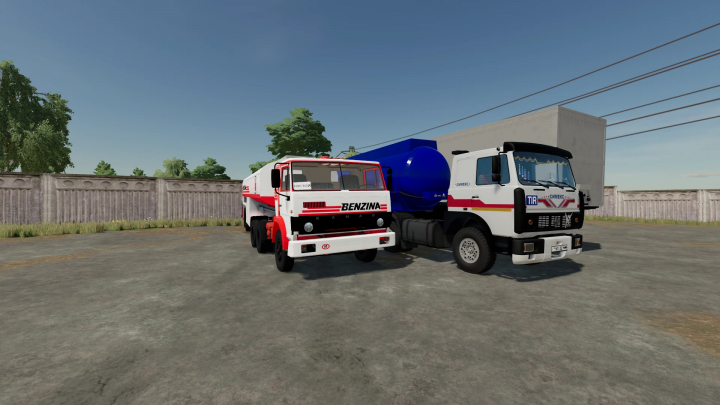 fs22-mods,  Farming Simulator 22 mod: KamAZ 5410 and CN22 tanker trucks, side view in a farm yard, realistic graphics.