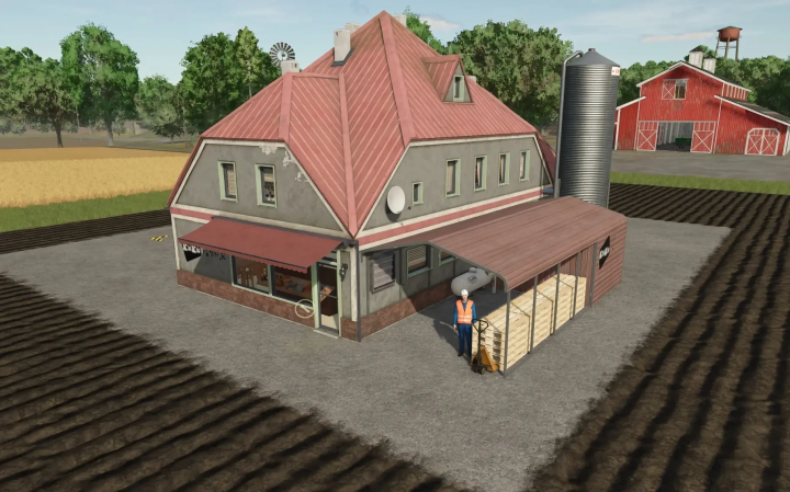 fs25-mods, Farming Simulator 25 mod: A two-story farm building with a red roof, silo, and a character working outside with wood pallets.