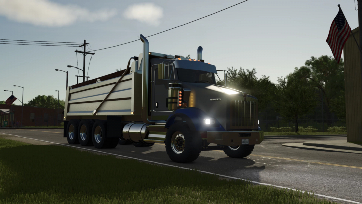 fs25-mods,  Farming Simulator 25 mod: Kenworth T800 Dumper v1.0.0.0 in-game truck on the street, showing detailed design and realistic lighting.