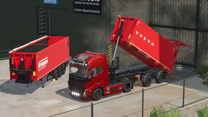 fs25-mods,  Farming Simulator 25 mods, red Volvo electric truck with Krampe SKS pack trailers, showing the trailer being lifted at a rail depot.