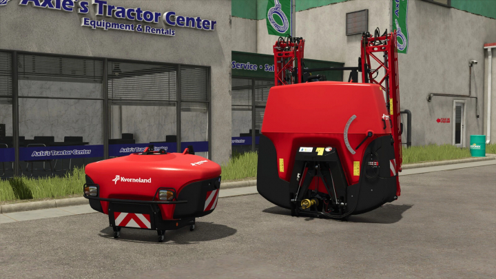 fs25-mods, Red Kverneland IXter B18 mod for Farming Simulator 25 outside Axle's Tractor Center equipment rental shop.