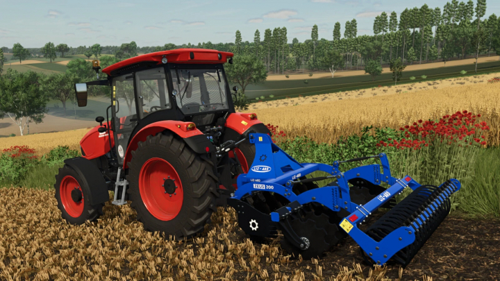 fs25-mods,  Farming Simulator 25 mod: Lizard BTZ Zeus v1.0.0.0 tractor with blue tillage implement on a farm field.