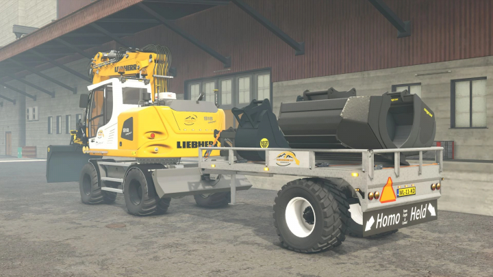fs25-mods, Liebherr compact excavator with attached equipment on a trailer, labeled 'Homo Held', in Farming Simulator 25.