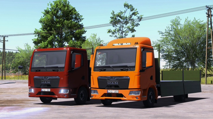 fs25-mods, Two MAN TGL 12.220 trucks from FS25 mods in Farming Simulator 25, one red and one orange, parked outdoors with green trees in the background.