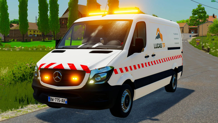 fs22-mods, Farming Simulator 22 mod featuring a Mercedes-Benz Sprinter emergency vehicle with Lucas TP branding and warning lights, on a rural road.