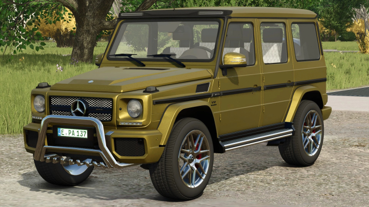 fs25-mods,  Gold Mercedes Benz G65 AMG off-road vehicle mod in Farming Simulator 25, showing detailed exterior and custom wheels.