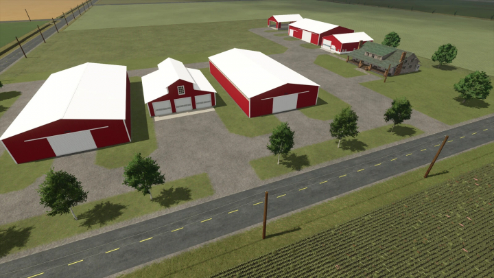 fs25-mods,  Farm buildings and barns in the Michigan Map v1.1.0.0 for Farming Simulator 25, featuring red and white structures, trees, and roads.