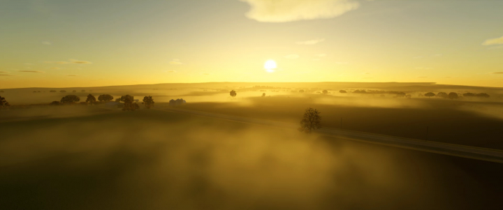 fs25-mods, Scenic countryside landscape at sunrise with rolling fields, scattered trees, and mist, from Farming Simulator 25 mod Monteith RCR v1.0.0.0.