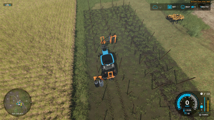 fs25-mods, Farming Simulator 25 mod showing a tractor with a vineyard and olive grove, part of the Narrow Vines and Olives v2.0.0.0 mod pack.