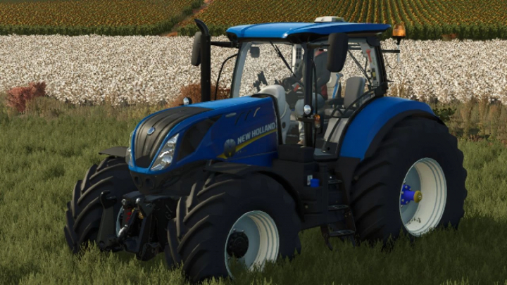 fs25-mods,  Farming Simulator 25 mod: New Holland T7 Series tractor in a lush field with cotton and crops, showcasing a detailed FS25 mod.