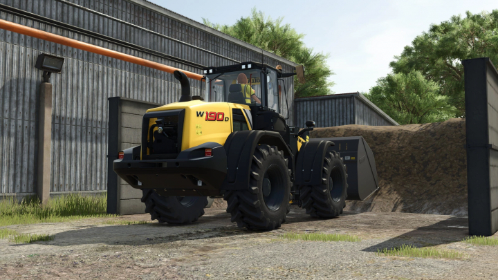 fs25-mods,  Farming Simulator 25 mod: New Holland W190D wheel loader operating in a construction area with a dirt pile.