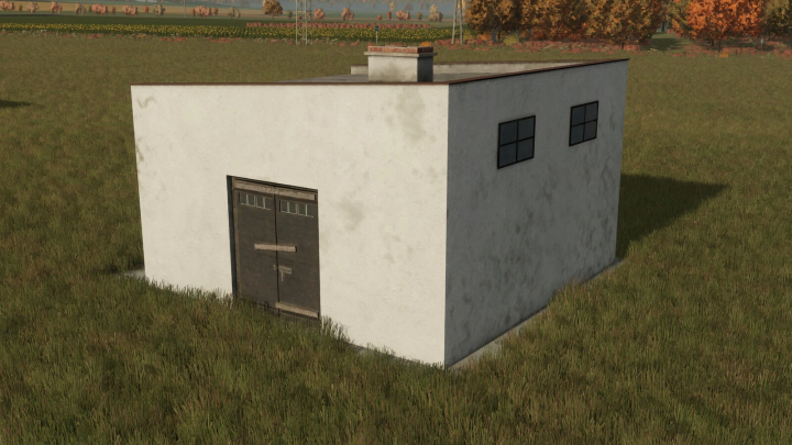 fs25-mods,  FS25 mod: PGR Buildings v1.0.0.0, simple white structure with a large garage door and two side windows, placed on grassy field.