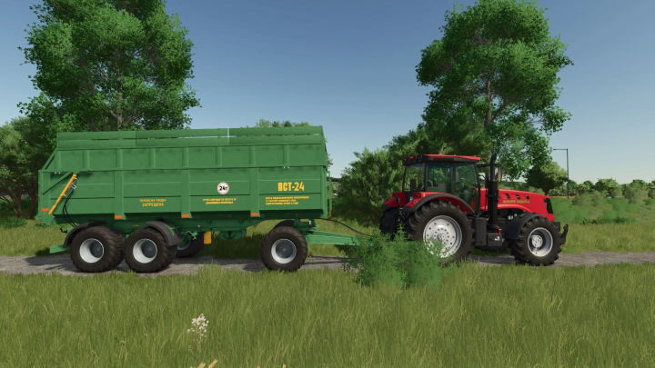 fs25-mods, Farming Simulator 25 mod: green PST-18/24 trailer attached to a red tractor in a grassy field.