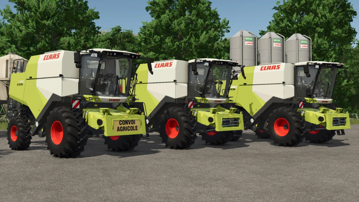 fs25-mods,  Three CLAAS Evion 410-450 series forage harvesters in Farming Simulator 25, showcasing the FS25 mods for agricultural machinery.