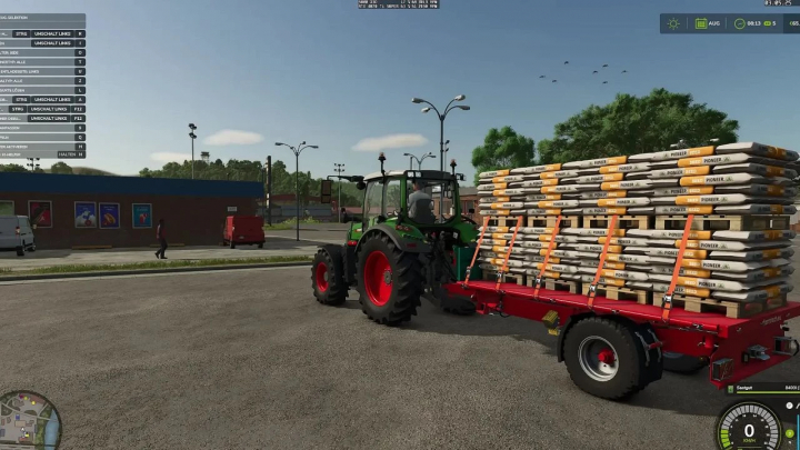 fs25-mods, Farming Simulator 25 mod showcasing a tractor with a pallet fixed mod carrying stacked pallets of PIONEER fertilizer or seed in Farming Simulator 25.
