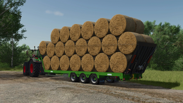 fs25-mods, Farming Simulator 25 mod: tractor hauling a large load of hay bales on a flatbed trailer, with lush trees and blue sky in the background.