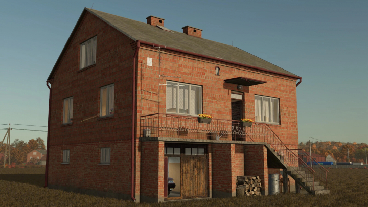 fs25-mods, Farming Simulator 25 mod: Polish Brick House v1.0.0.0, a detailed brick house with balcony, stairs, and garage, ideal for FS25 gameplay.